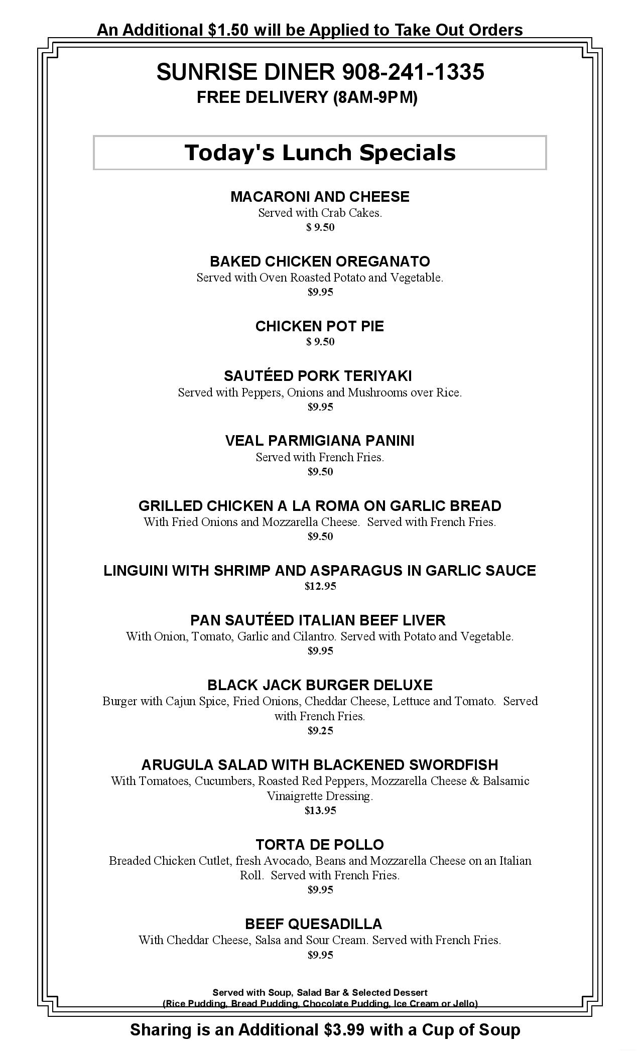 Daily Specials Sunrise Diner