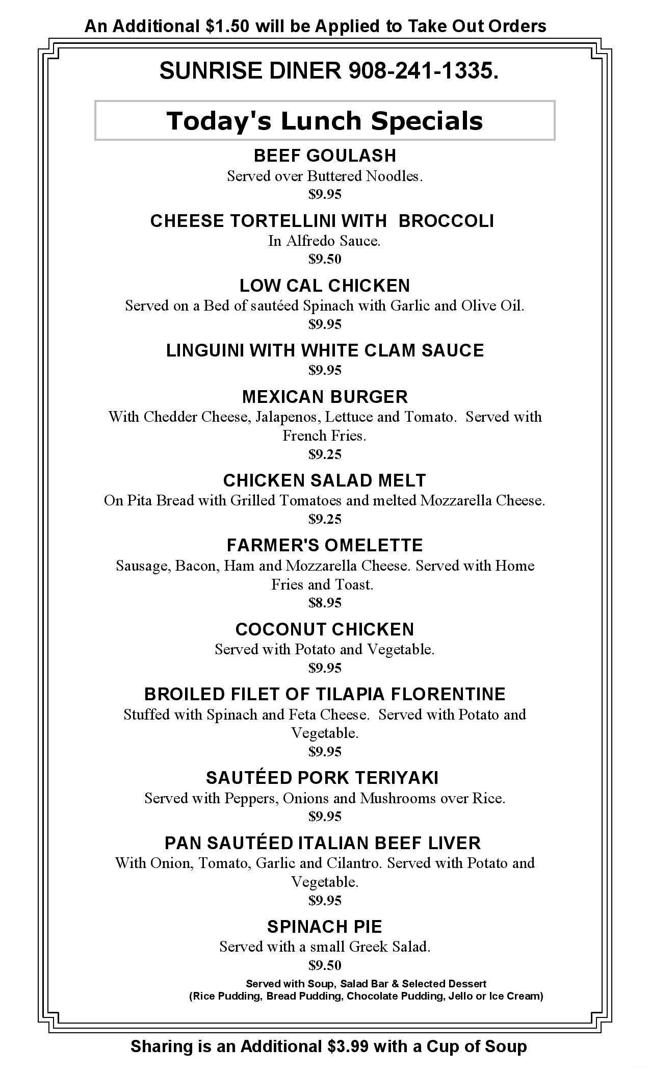 Daily Specials Sunrise Diner
