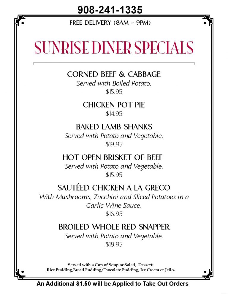 Daily Specials Sunrise Diner